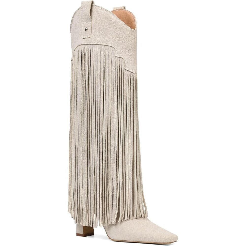 Women's Apricot Suede Knee High Fringe Boots Chunky Heel Tall Shoes Pull-On